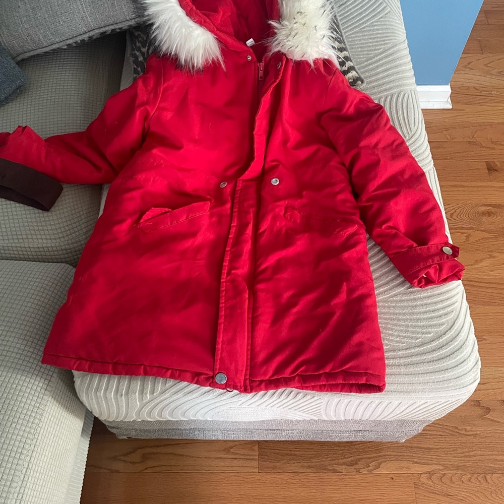 Red Kids Jacket with Faux Fur Hood